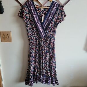 NWT Lola P. Midi Dress Faux Wrap Short Sleeve Floral Blue Pink Medium M